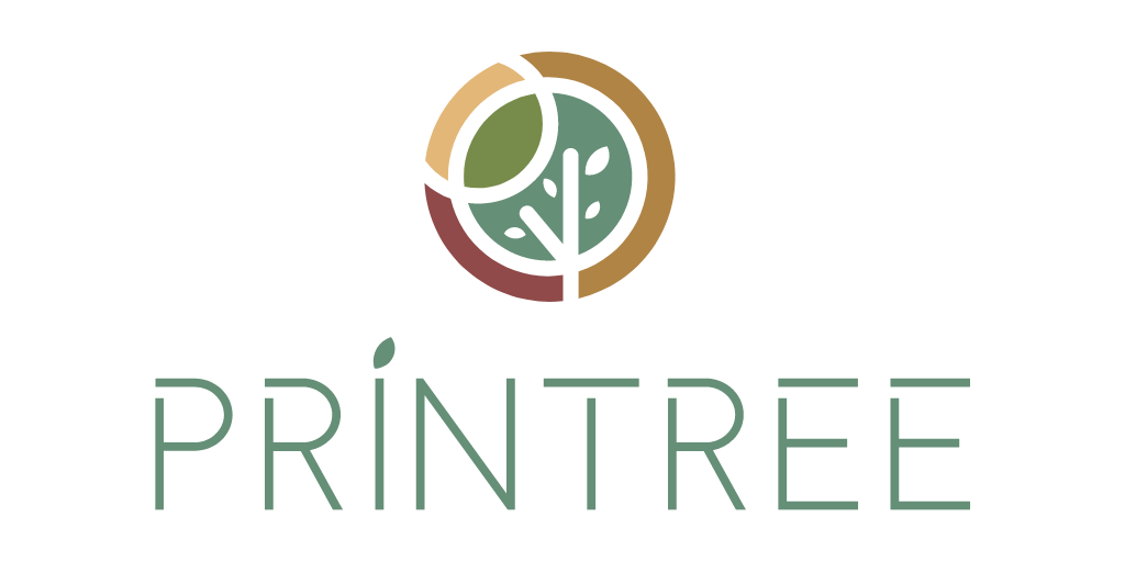 Logo von Printree: Ein stilisiertes Baumdesign, das Nachhaltigkeit und Kreativität symbolisiert.