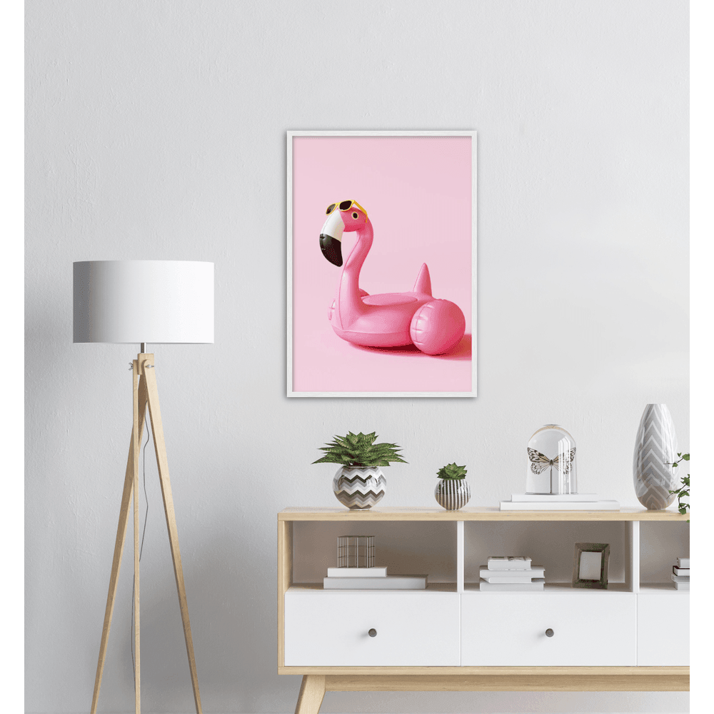 Flamingo schwimmt mit Sonnenbrille - Printree.ch abstrakt, Dekor, Design, Druck, Farbe, Flamingo, Hintergrund, Kunstdruck, Rosa, Stil, Symbol, Tier, Tiere, Vertikal, Wandkunst, zeitgenössisch
