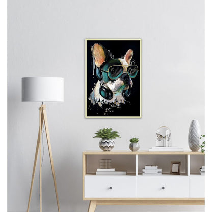 Französischer Bulldogge mit Kopfhörer - Kunstdruck - Printree.ch abstrakt, Abstraktion, blau, bunt, Dekor, Design, Form, Haustier, hund, Icon, Illustration, Kunst, Kunstdruck, Tier, Zeichen, Zeichnung, Zukunft