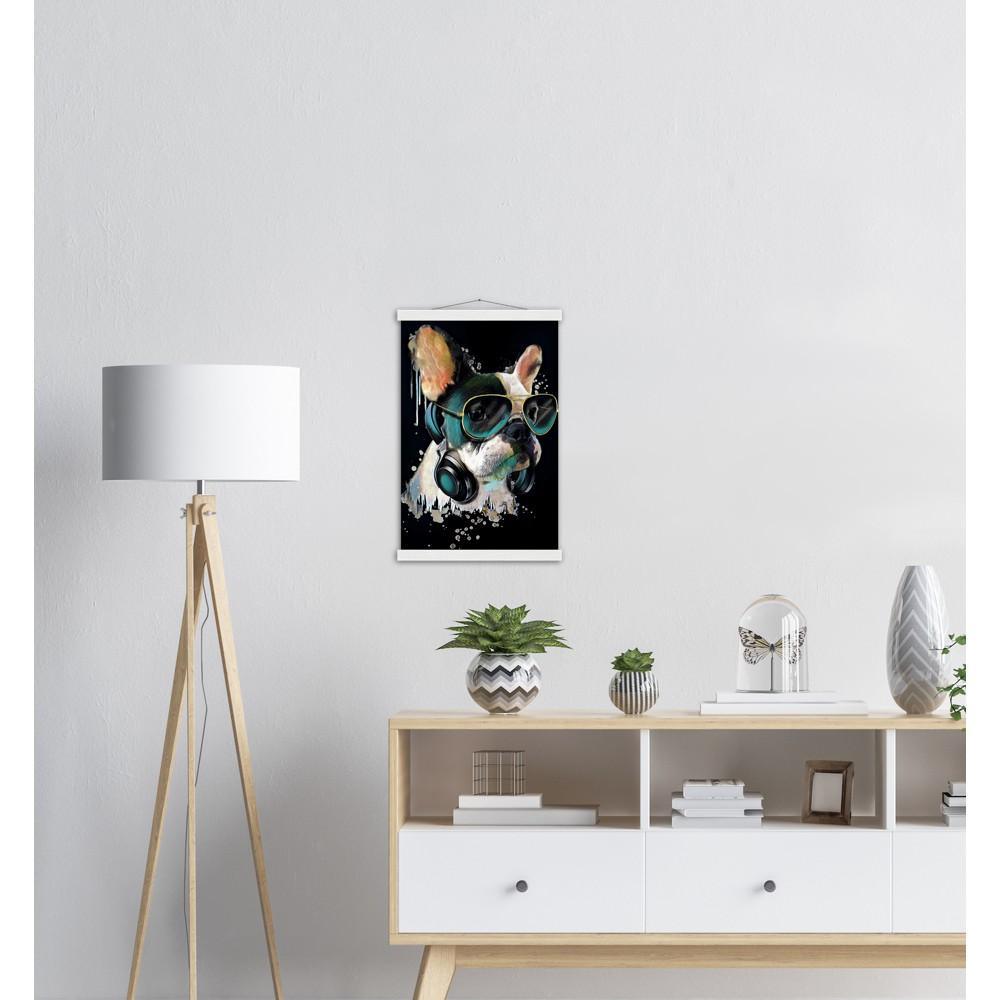 Französisches Bulldog mit Kopfhörer - Printree.ch abstrakt, Abstraktion, blau, bunt, Dekor, Design, Form, Haustier, hund, Icon, Illustration, Kunst, Kunstdruck, Tier, Zeichen, Zeichnung, Zukunft