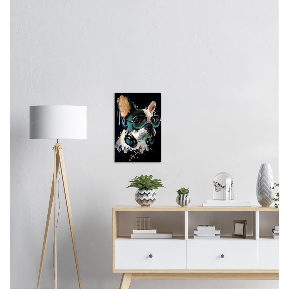 Französisches Bulldog mit Kopfhörer - Printree.ch abstrakt, Abstraktion, blau, bunt, Dekor, Design, Form, Haustier, hund, Icon, Illustration, Kunst, Kunstdruck, Tier, Zeichen, Zeichnung, Zukunft