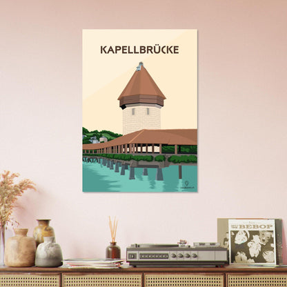 Kapellbrücke - Luzern - Printree.ch Historische Brücke, Kapellbrücke, Localspot, Luzern, Minimalismus, Poster, Reuss, Schweizer Kultur, Tourismusziel, Wasserturm