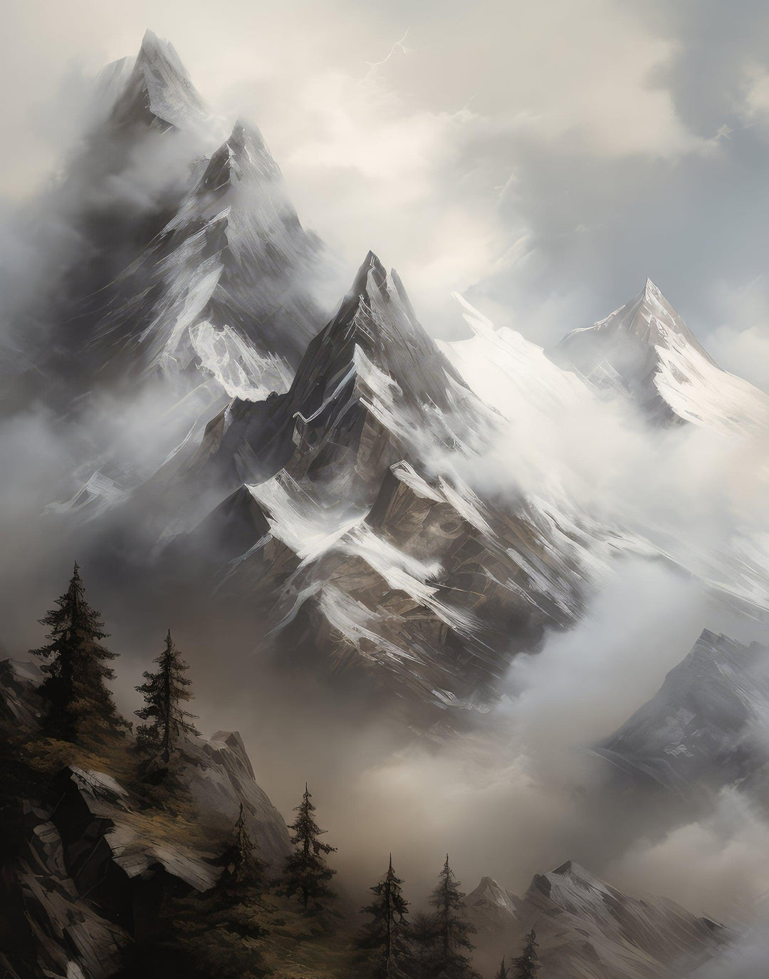 Majestätische Gipfel - Printree.ch Alpen, Atemberaubend, Gemälde, Höhe, Kunstwerk, Landschaftsmalerei, Lichtspiel, Natur, Poster, Schatten, zeitgenössisch