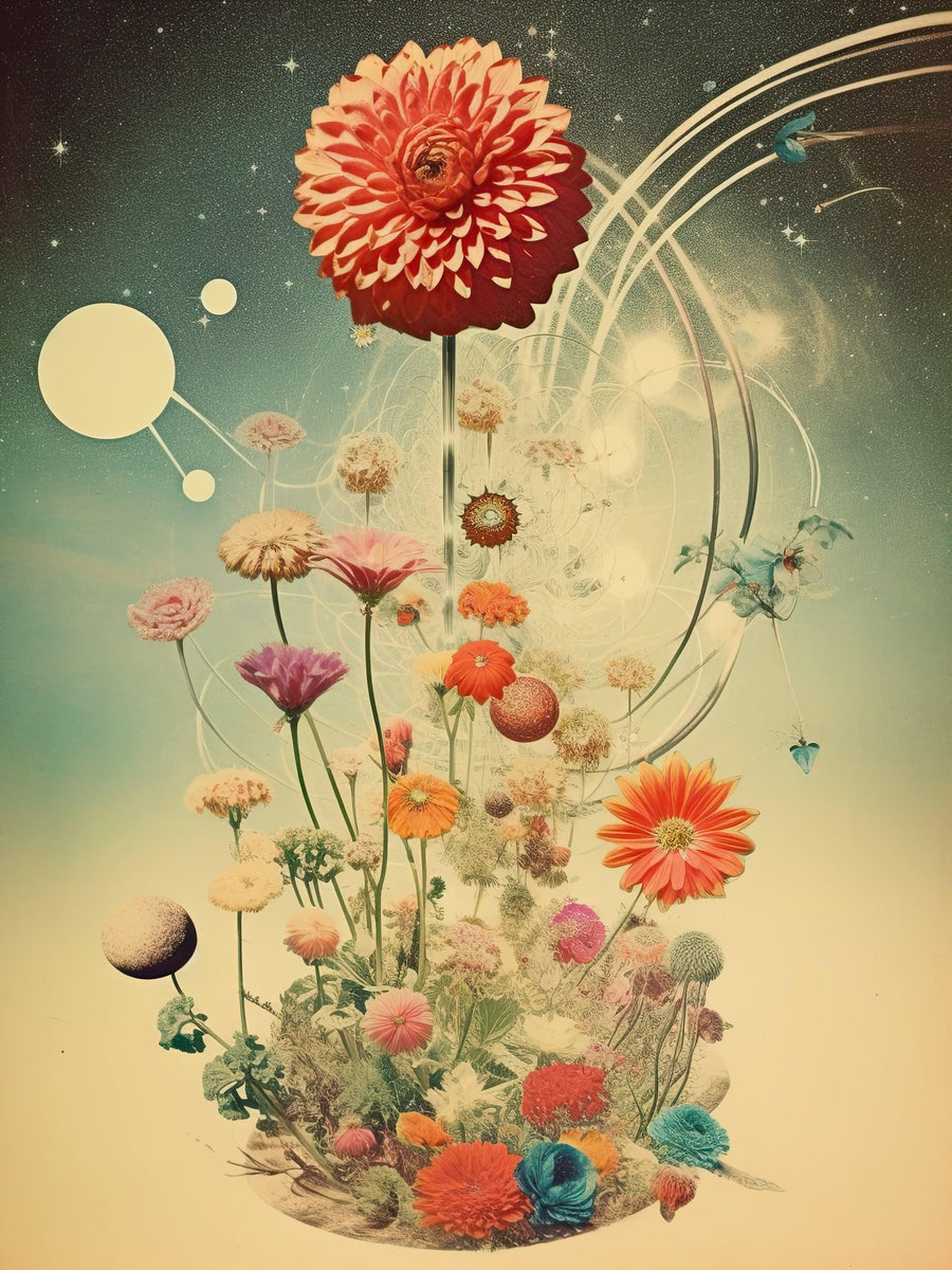 Retro Florales Universum - Printree.ch Blumen, Fantasie, Planeten, Poster, Sterne, Universum