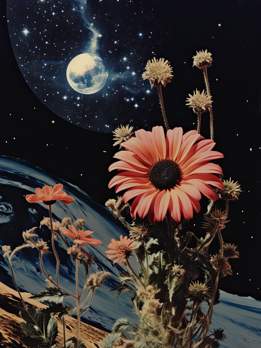 Retro Kosmische Blüte - Printree.ch Blumen, Kosmos, Leben, Mond, Natur, Poster, Sonnenblume, Sterne, Weltraum