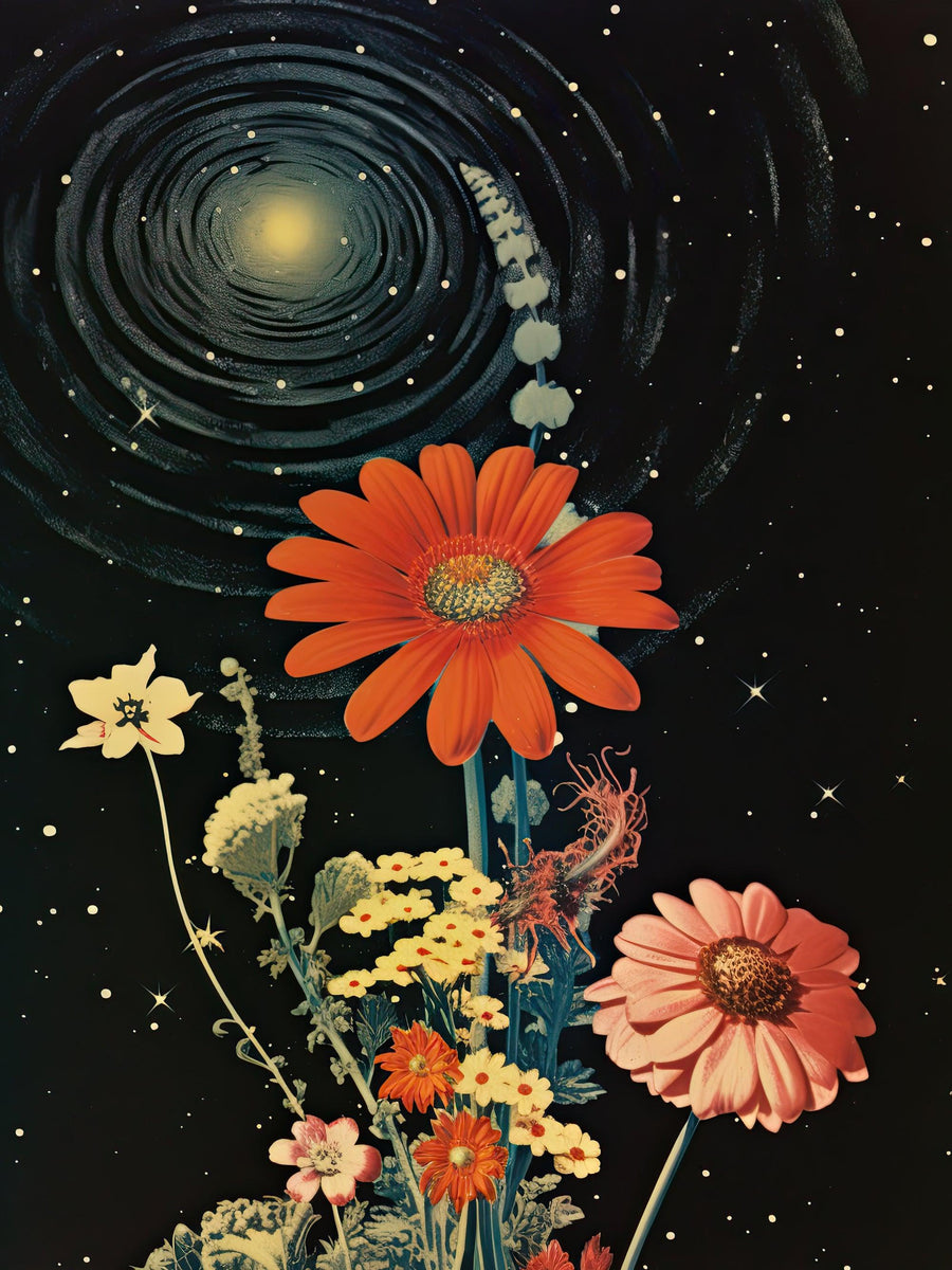 Retro Kosmische Blüten - Printree.ch Blumen, Einheit, Kosmos, Kunst, Natur, Poster, Verbindung