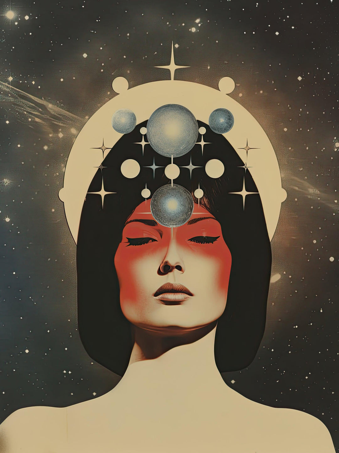 Retro Kosmische Meditation - Printree.ch Halbmond, Harmonie, Kosmos, Meditation, Planet, Poster, Ruhe, Universum