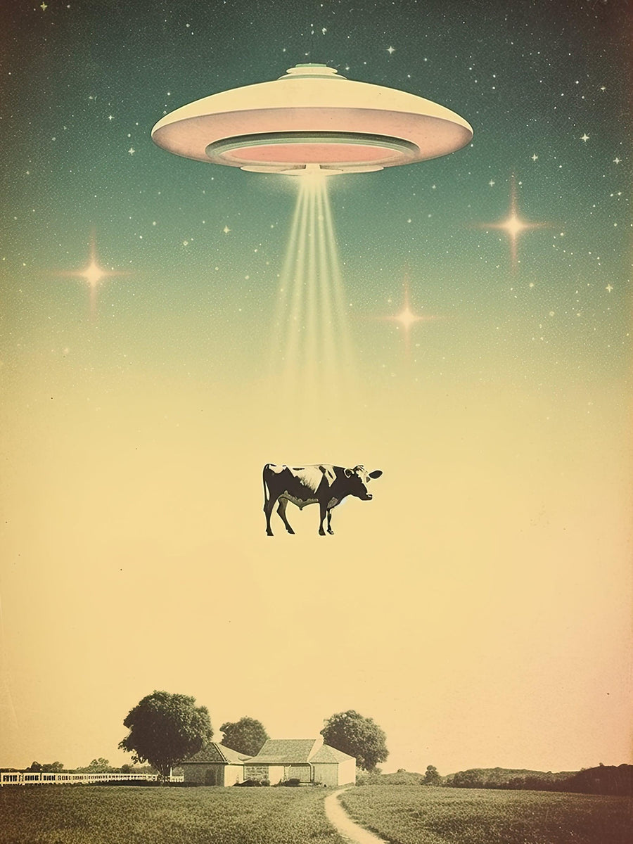 Retro UFO-Entführung auf dem Lande - Printree.ch Entführung, Humor, Kuh, Kunstposter, Poster, Sci-Fi, Surrealismus, UFO, Wanddekoration
