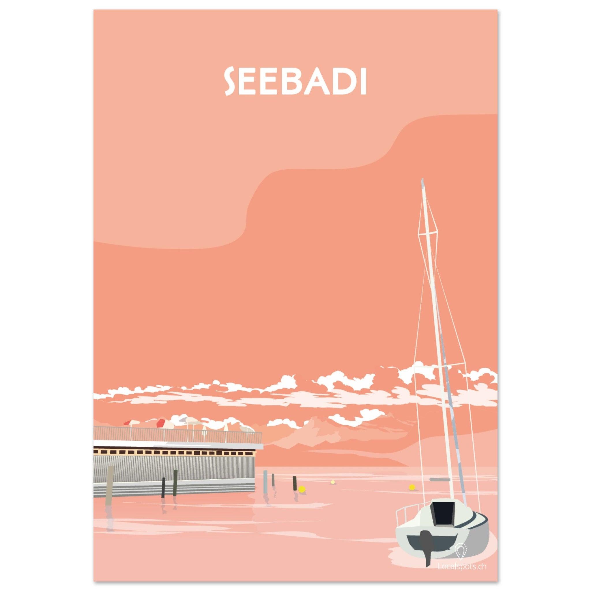 Seebadi Abendrot - Luzern - Printree.ch Abendstimmung, Freizeitanlage, Localspot, Luzern, Minimalismus, Poster, Seebadi, Städtische Erholung, Wasseraktivität