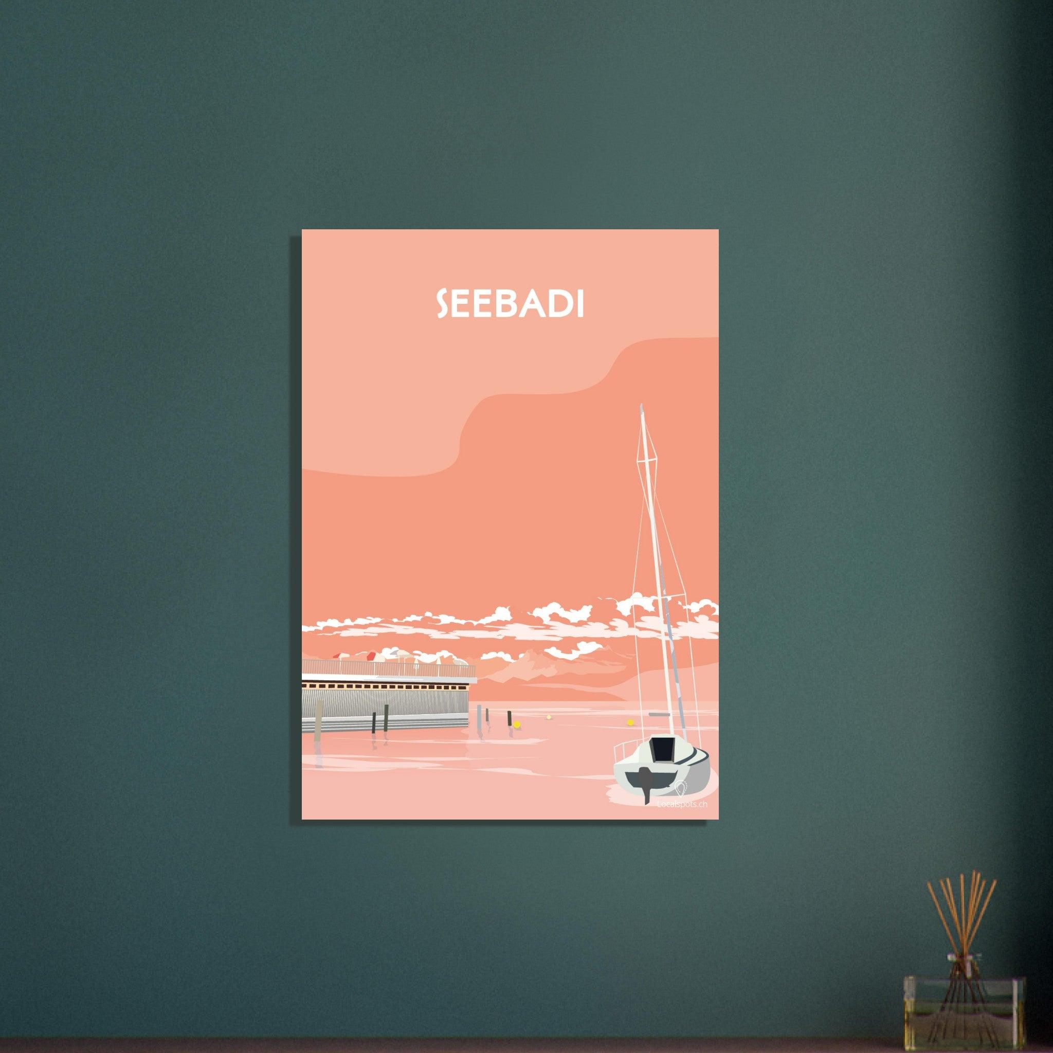 Seebadi Abendrot - Luzern - Printree.ch Abendstimmung, Freizeitanlage, Localspot, Luzern, Minimalismus, Poster, Seebadi, Städtische Erholung, Wasseraktivität