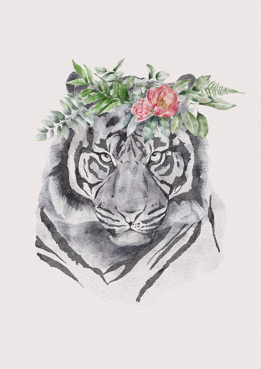 Tiger und Blumen Aquarell Meisterwerk - Printree.ch Aquarell, Blumen, farbig, Illustration, Poster, Tiere, Zeichnung