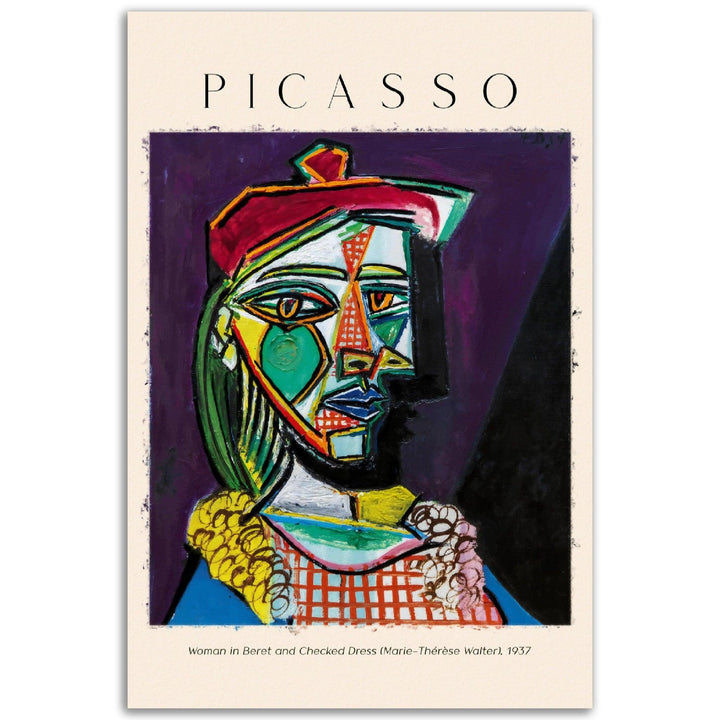 Frau mit Barett und in dem karierten Kleid Gemälde von Pablo Picasso - Printree.ch Kunst, Malen, Maler, Malerei, Meisterwerk