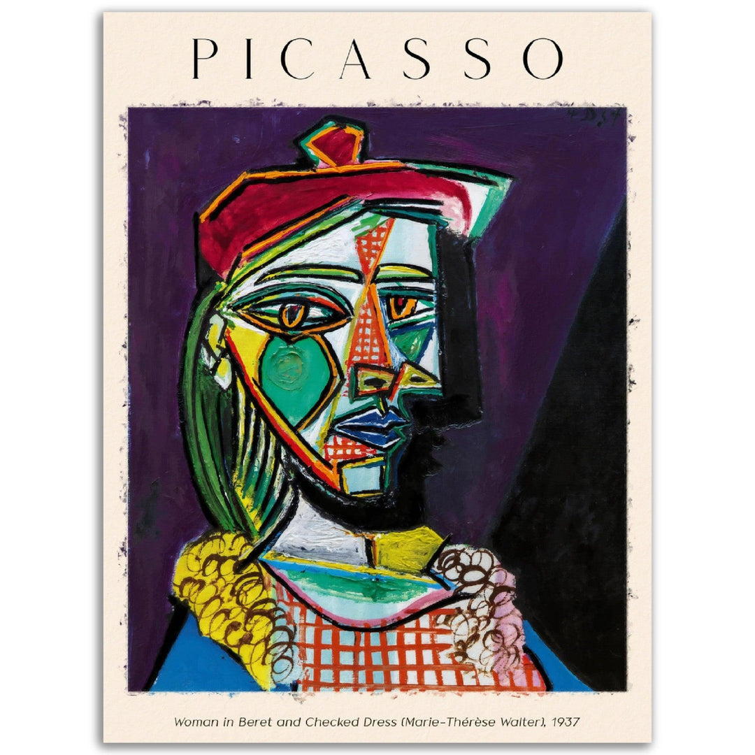 Frau mit Barett und in dem karierten Kleid Gemälde von Pablo Picasso - Printree.ch Kunst, Malen, Maler, Malerei, Meisterwerk