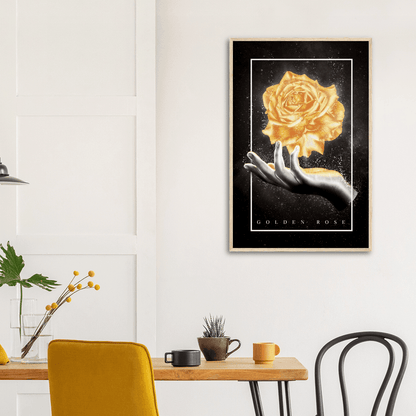 Goldene Rosenblüte - Hochwertiges Poster in Museumsqualität - Printree.ch Blume, Blütenblatt, Dekoration, Design, Element, Farbe, Feier, floral, gelb, Geschenk, Gold, golden, Grafik, Hintergrund, Hochzeit, Illustration, isoliert, Kunst, Muster, Nahaufnahme, Natur, Pflanze, Rose, schwarz, Sommer, Textur, Vektor, weiß