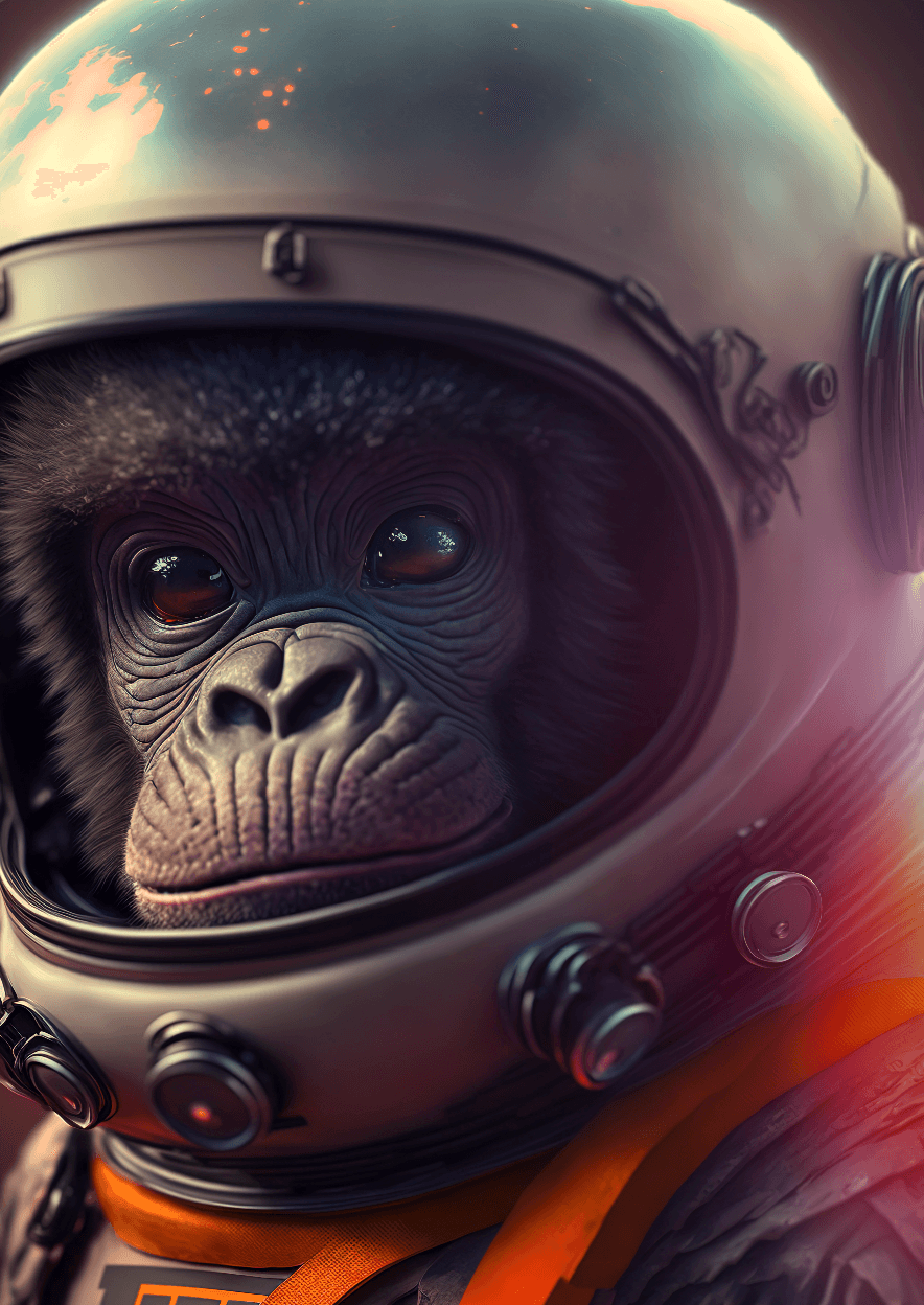 Gorilla-Baby Astronauten-Portrait "Weltraumabenteuer" - Printree.ch 3d illustration, 3d render, anzug, astronaut, entdeckung, erde, erkunden, forschung, galaxie, gravitation, haustier, helm, illustration, kosmos, lustig, niedlich, Poster, raumanzug, raumschiff, satellit, stern, technologie, tier, universum, weltraum, weltraumspaziergang, wissenschaft, zukunft