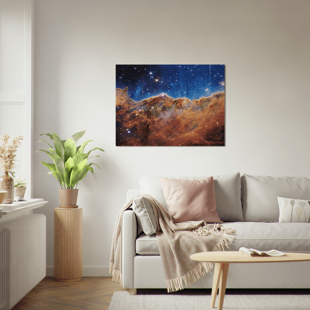 „Kosmische Klippen“ im Carina-Nebel (NIRCam-Bild) - Printree.ch Astronomie, Carina-Nebel, Deep-Space-Fotografie, Foto, Fotografie, Galaxie, Kosmische Klippen, NASA, Nebel, NIRCam, Plakat, space, Sternentstehung, Universum, WEBB, Weltraum