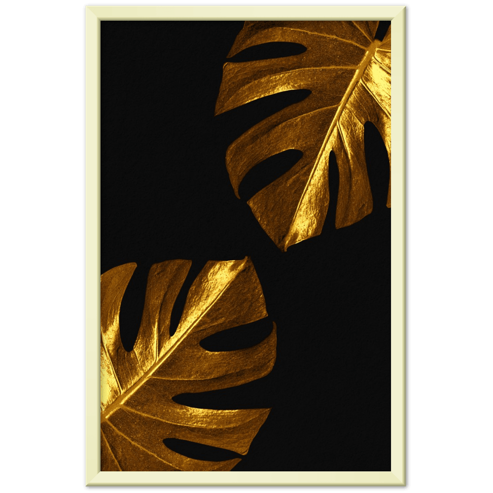 Tropische Goldblätter Poster - Printree.ch abstrakt, Ast, Blatt, Design, Draufsicht, exotisch, Frühling, Gold, golden, hell, Hintergrund, Illustration, Konzept, kreativ, Kunst, Layout, luxus, minimal, Mode, modern, Muster, Natur, natürlich, Palme, Pastell, Pflanze, Raum, Sommer, Textur, Tisch, tropisch