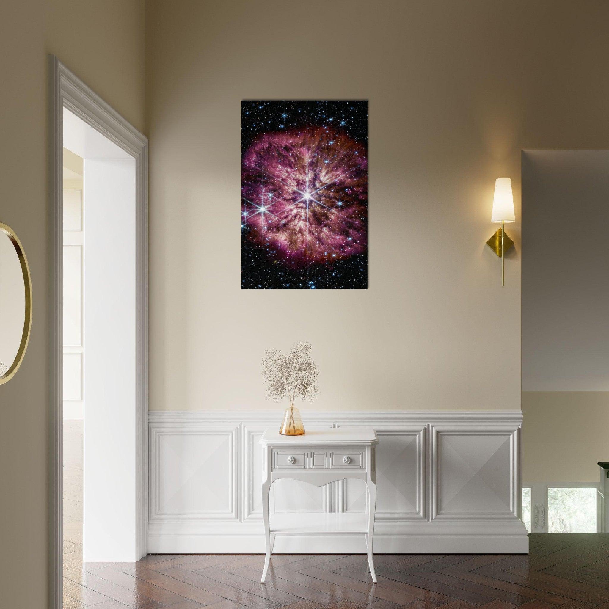 Wolf-Rayet 124: Atemberaubendes Weltraum-Poster des James-Webb-Weltraumteleskops - Printree.ch alternder Stern, astronomische Kunst, Gasnebel, hintergrund, Hintergrundgalaxien, Hintergrundsterne, James-Webb-Weltraumteleskop, Mittelinfrarot, Nahinfrarot, Poster, Staubnebel, Sternenwind, WEBB, Weltraum-Poster, Wolf-Rayet 124