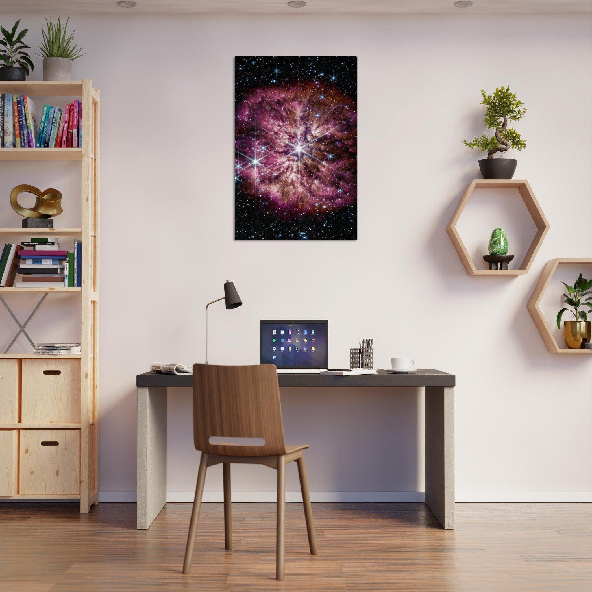 Wolf-Rayet 124: Atemberaubendes Weltraum-Poster des James-Webb-Weltraumteleskops - Printree.ch alternder Stern, astronomische Kunst, Gasnebel, hintergrund, Hintergrundgalaxien, Hintergrundsterne, James-Webb-Weltraumteleskop, Mittelinfrarot, Nahinfrarot, Poster, Staubnebel, Sternenwind, WEBB, Weltraum-Poster, Wolf-Rayet 124